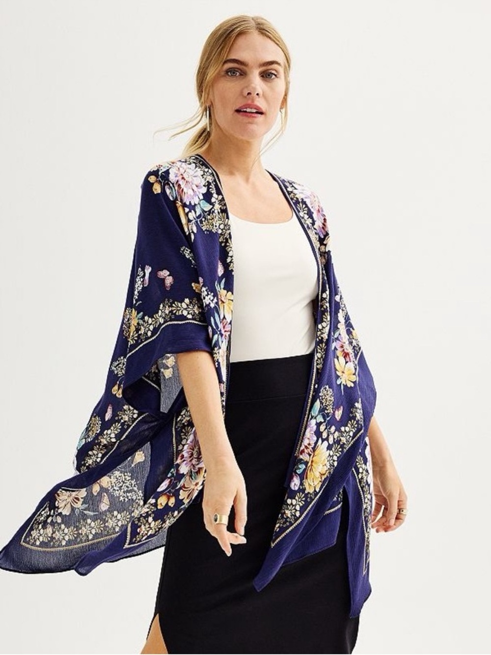 Nine West Boho Navy Blue Floral Bordered Ruana Lightweight Kimono Festival Boho
